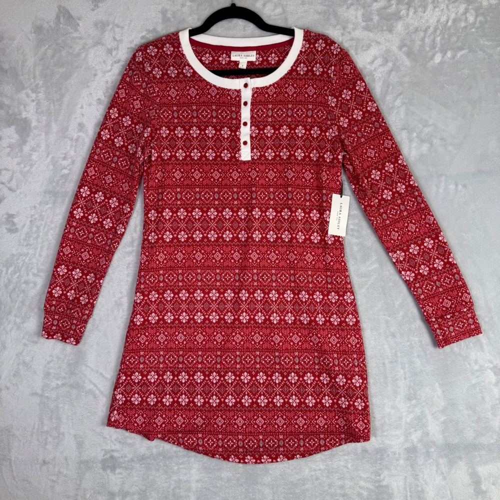 Laura Ashley Nightgown Women Small Red Fair Isle Henley Long Sleeve Sleep Dress